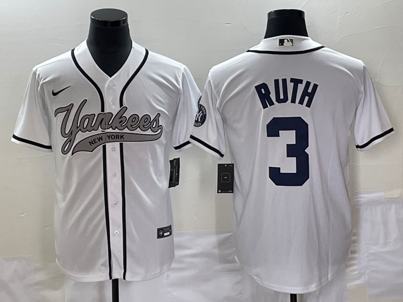 Men's New York Yankees Babe Ruth #3 White Jersey Joint Edition
